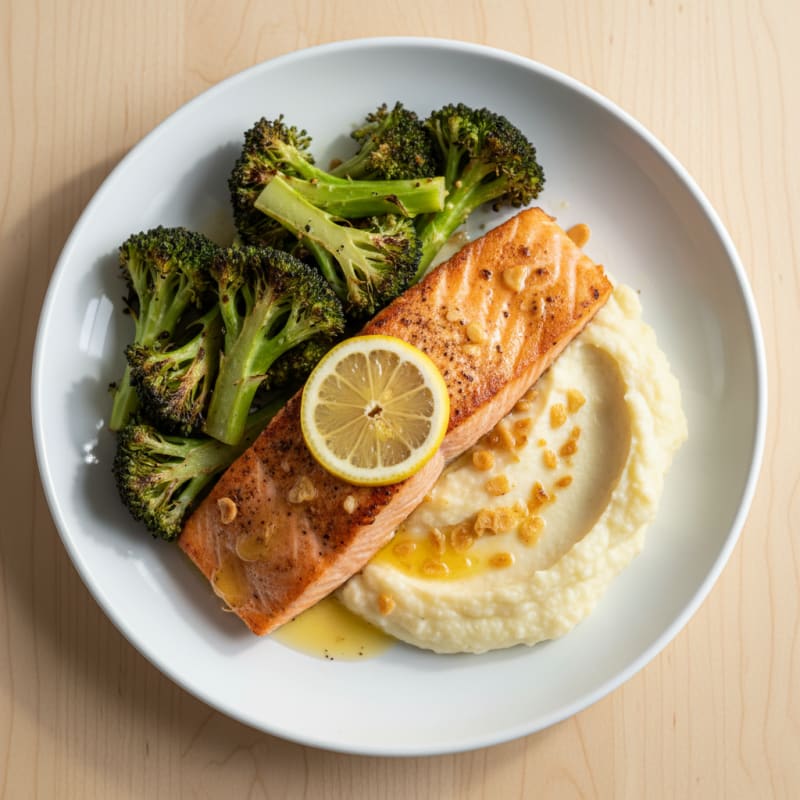 Seared Salmon with Roasted Broccoli and Garlic Mashed Cauliflower