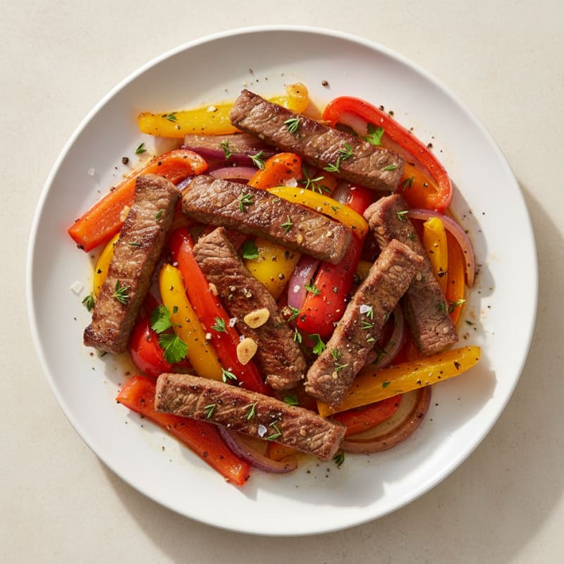 Tender Garlic-Herb Steak Strips with Peppers