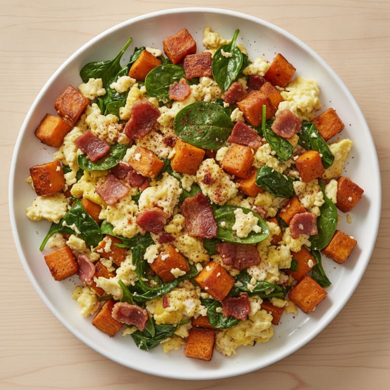 Crispy Turkey Bacon and Spinach Egg Scramble with Sweet Potato Hash
