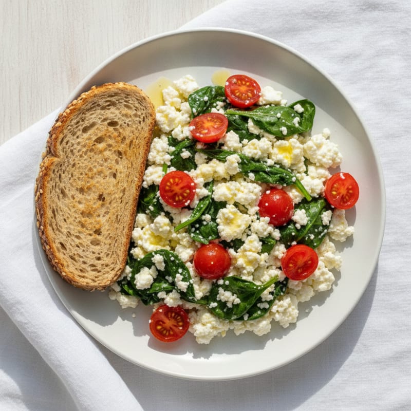 Cottage Cheese Egg White Scramble with Spinach and Cherry Tomatoes