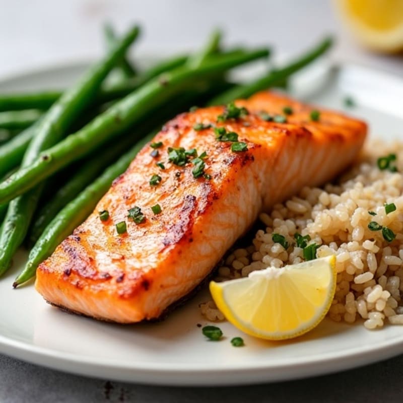 Seared Salmon Fillet with Garlic Green Beans and Brown Rice