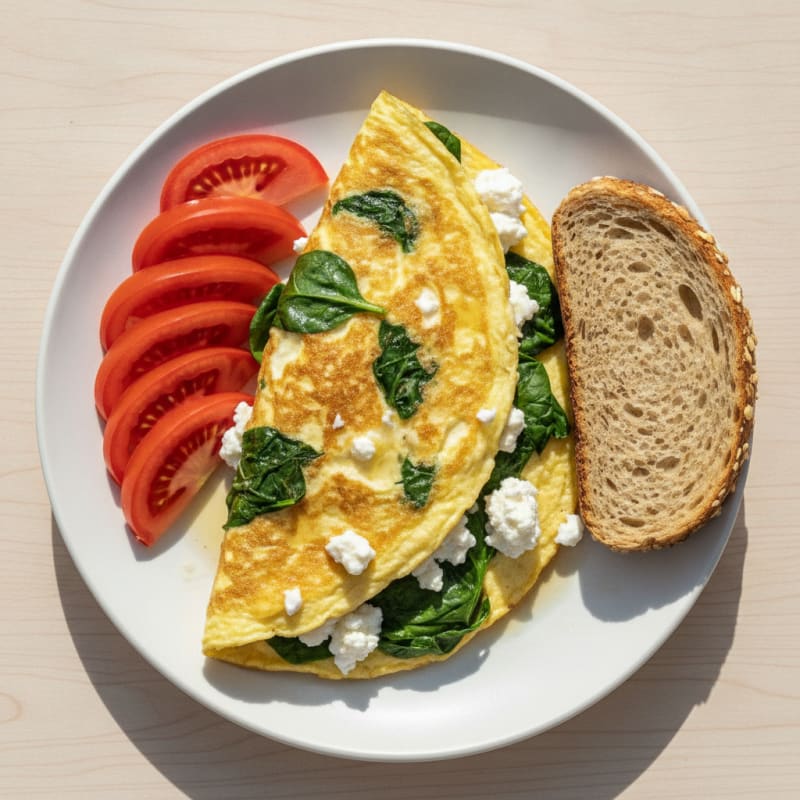Egg White Spinach Omelet with Cottage Cheese and Sliced Tomatoes