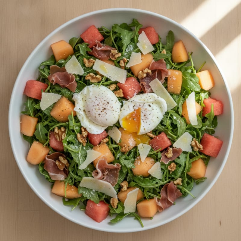 Melon and Walnut Salad with Poached Eggs