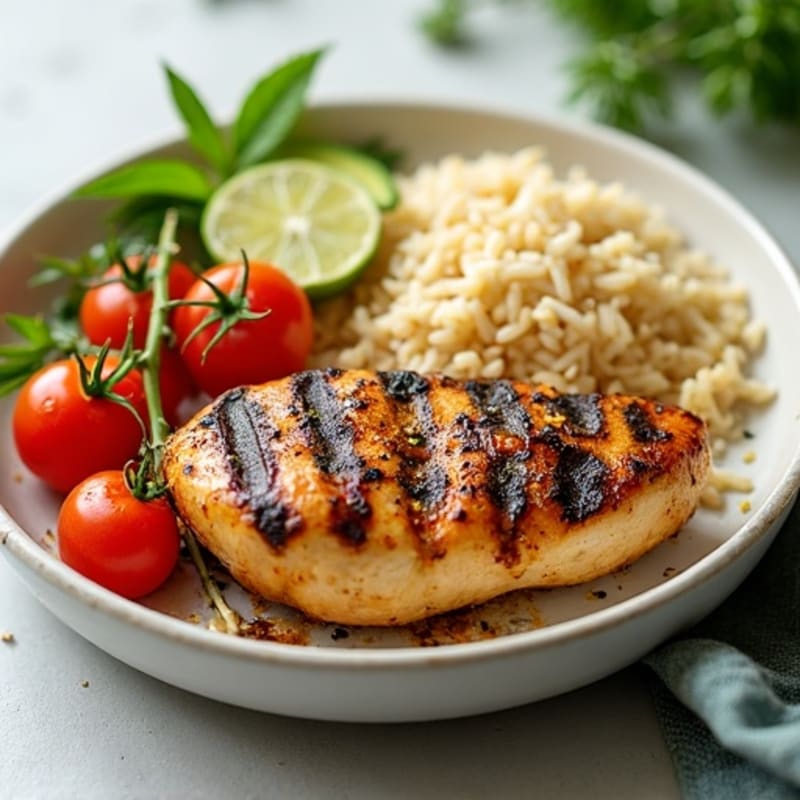 Grilled Lemongrass Chicken with Steamed Jasmine Rice and Fresh Tomato Salad