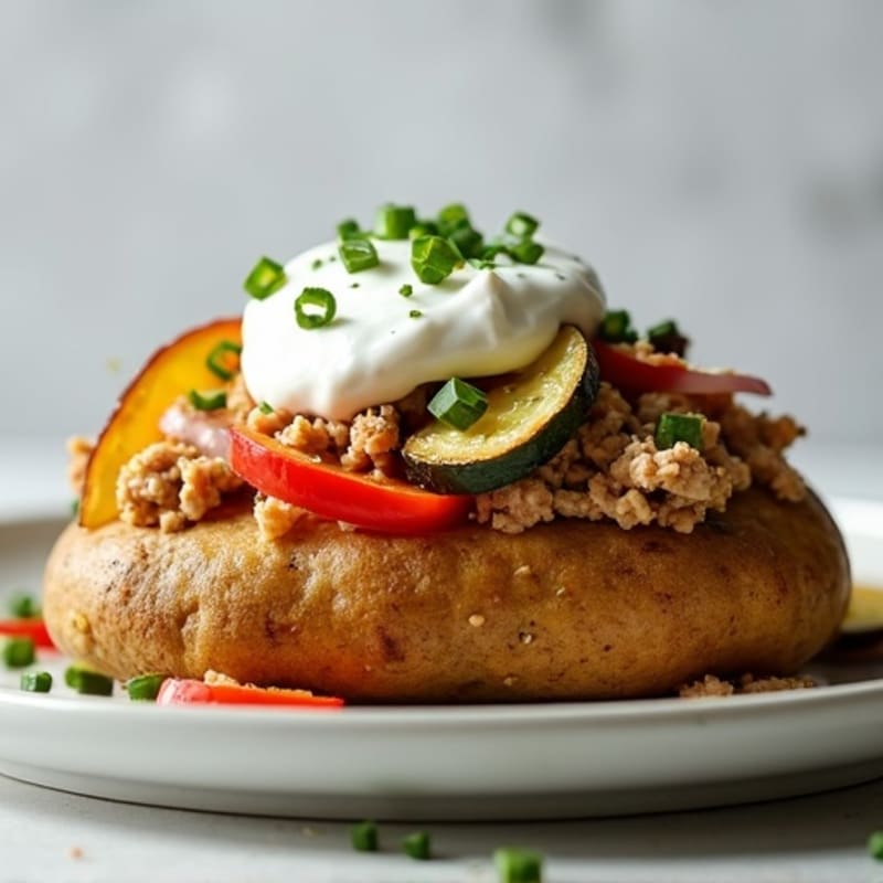 Crispy Baked Potato with Lean Ground Turkey, Roasted Vegetables, and Creamy Chive Topping