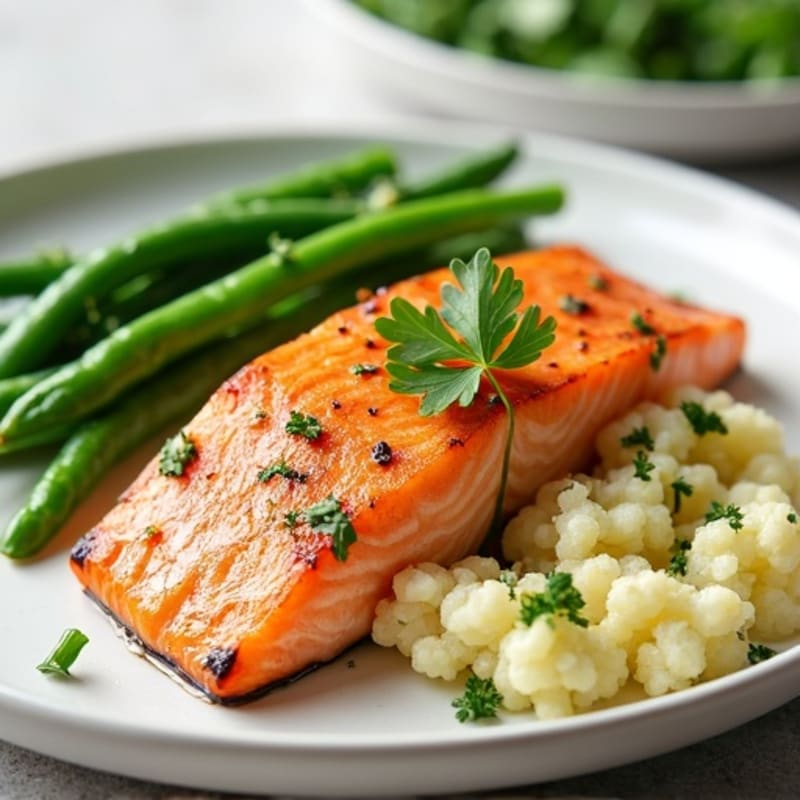 Seared Salmon with Garlic Green Beans and Mashed Cauliflower