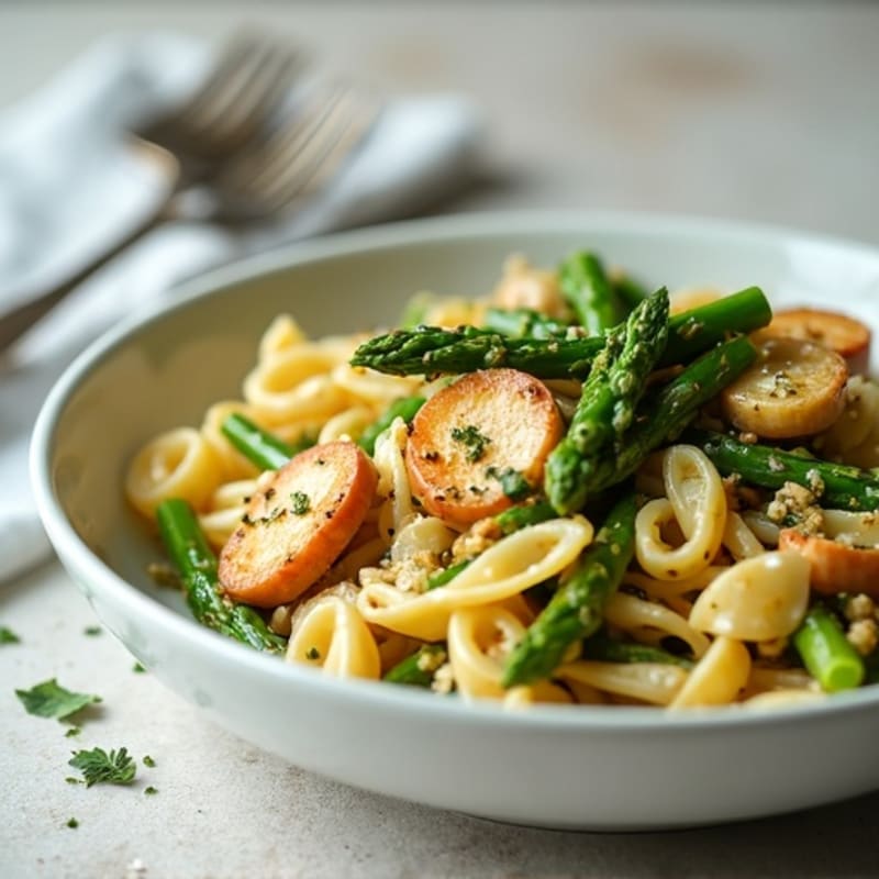 Creamy Chicken Pesto Whole Wheat Pasta with Roasted Asparagus