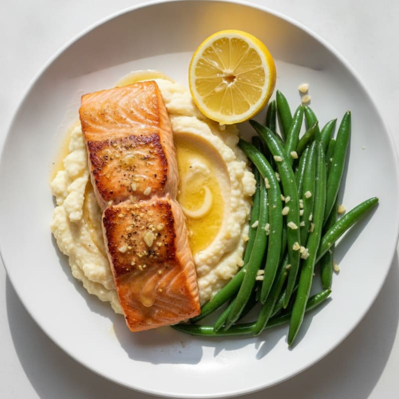 Seared Salmon with Garlic Green Beans and Cauliflower Mash