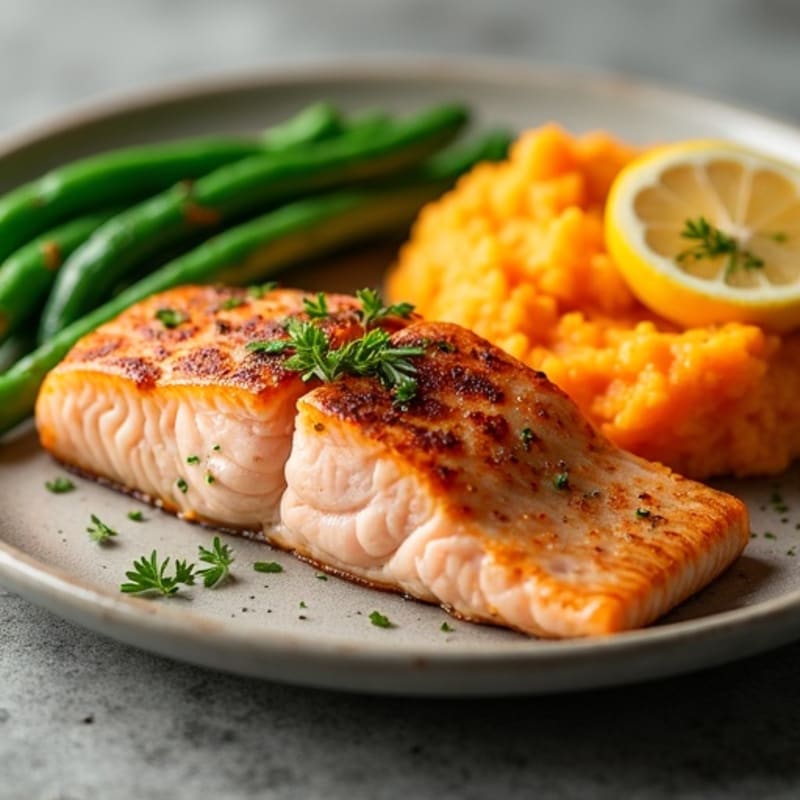 Seared Salmon with Garlic Green Beans and Sweet Potato Mash