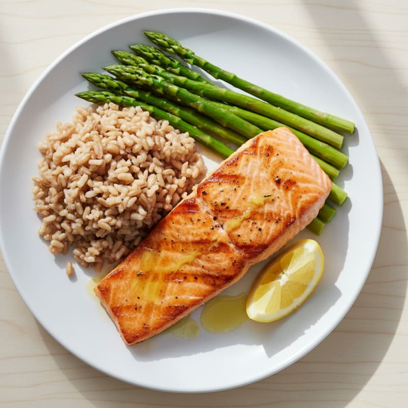Seared Salmon Fillet with Steamed Asparagus and Brown Rice