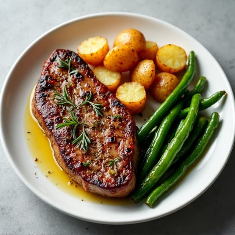 Pan-Seared Garlic Herb Steak with Crispy Roasted Potatoes and Green Beans