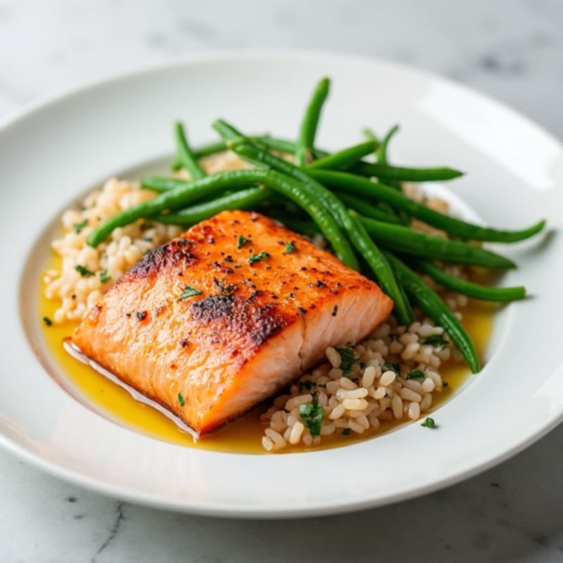 Baked Salmon with Steamed Green Beans and Wild Rice