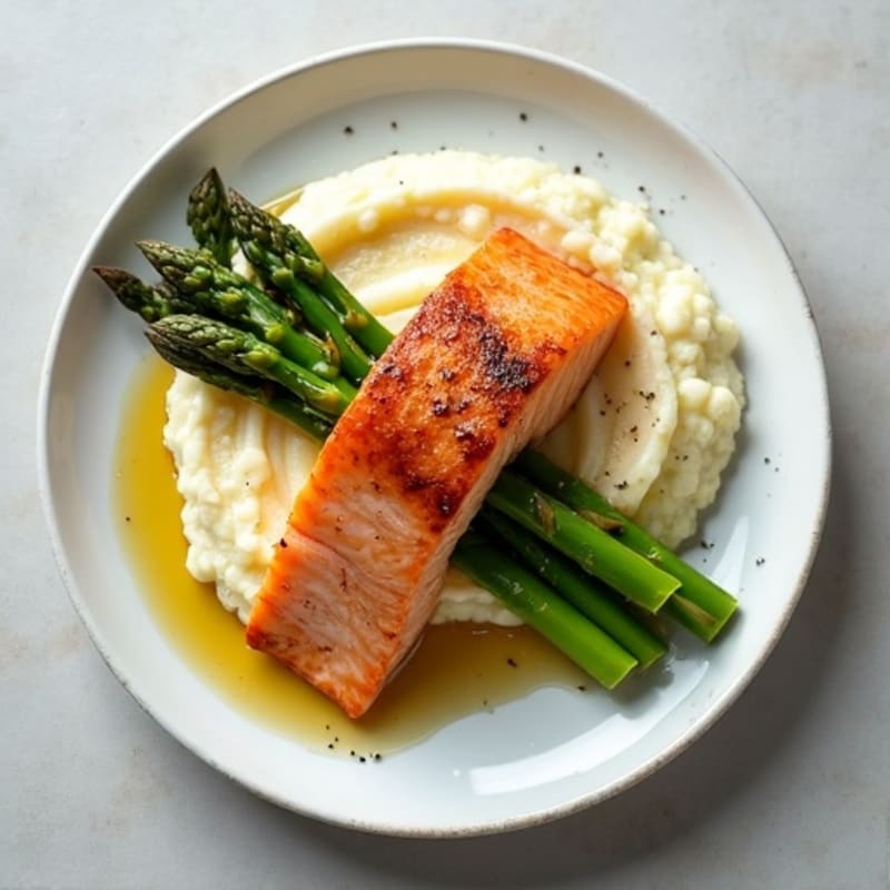 Seared Salmon with Steamed Asparagus and Cauliflower Mash