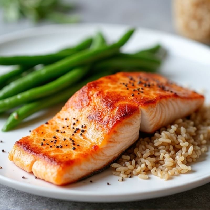 Seared Salmon Fillet with Steamed Green Beans and Brown Rice