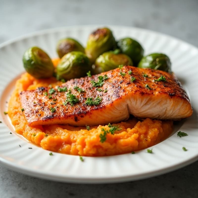 Seared Salmon with Roasted Brussels Sprouts and Sweet Potato Mash