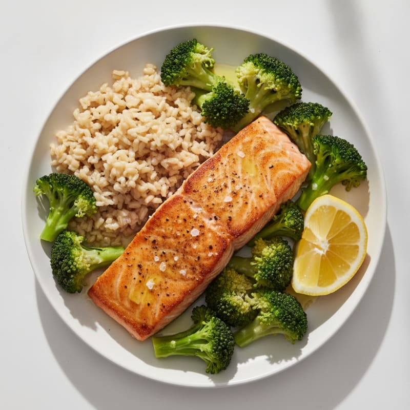 Seared Salmon with Steamed Broccoli and Brown Rice