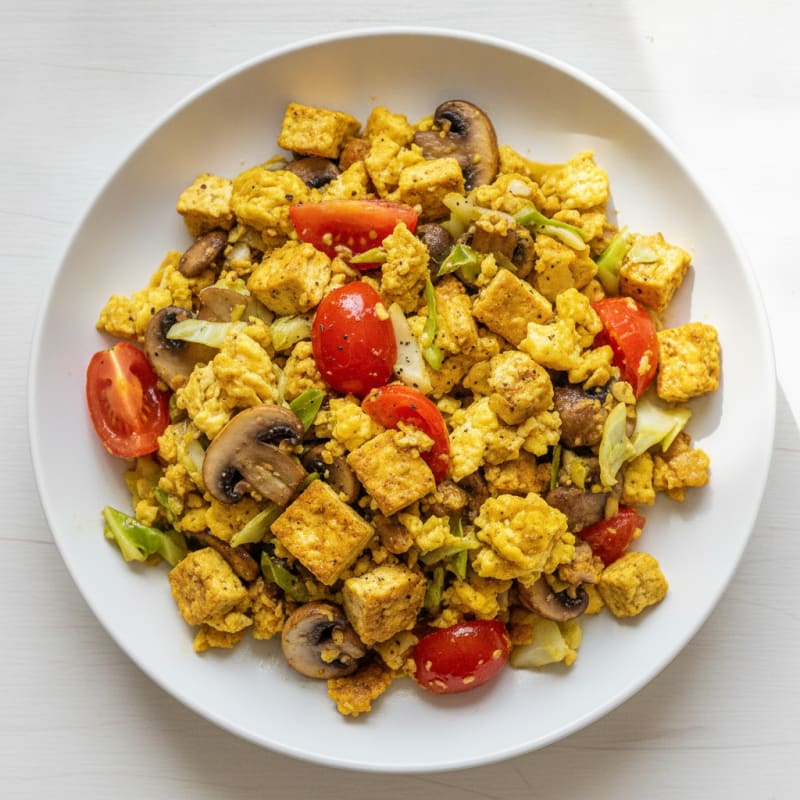 Protein-Packed Tofu and Egg Scramble with Sautéed Mushrooms and Cabbage