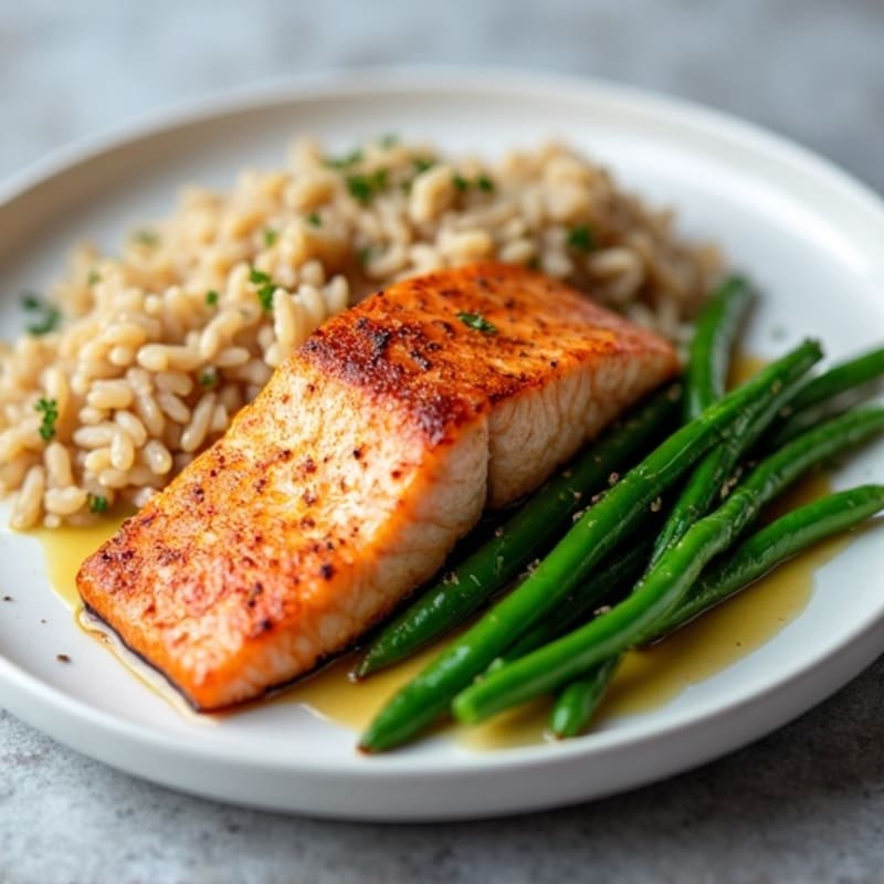 Seared Salmon Fillet with Garlic Green Beans and Brown Rice