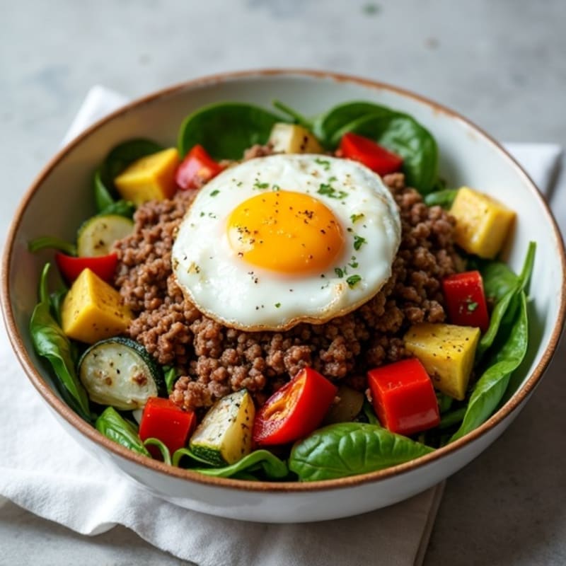 Savory Ground Beef and Crispy Roasted Vegetable Bowl