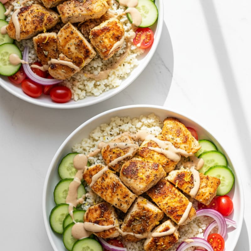 Crispy Lemon-Herb Chicken Shawarma Bowls