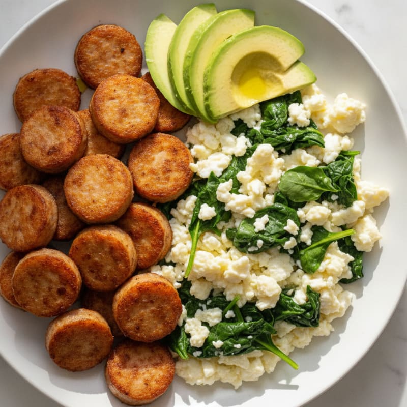 Crispy Chicken Sausage and Egg White Scramble with Spinach