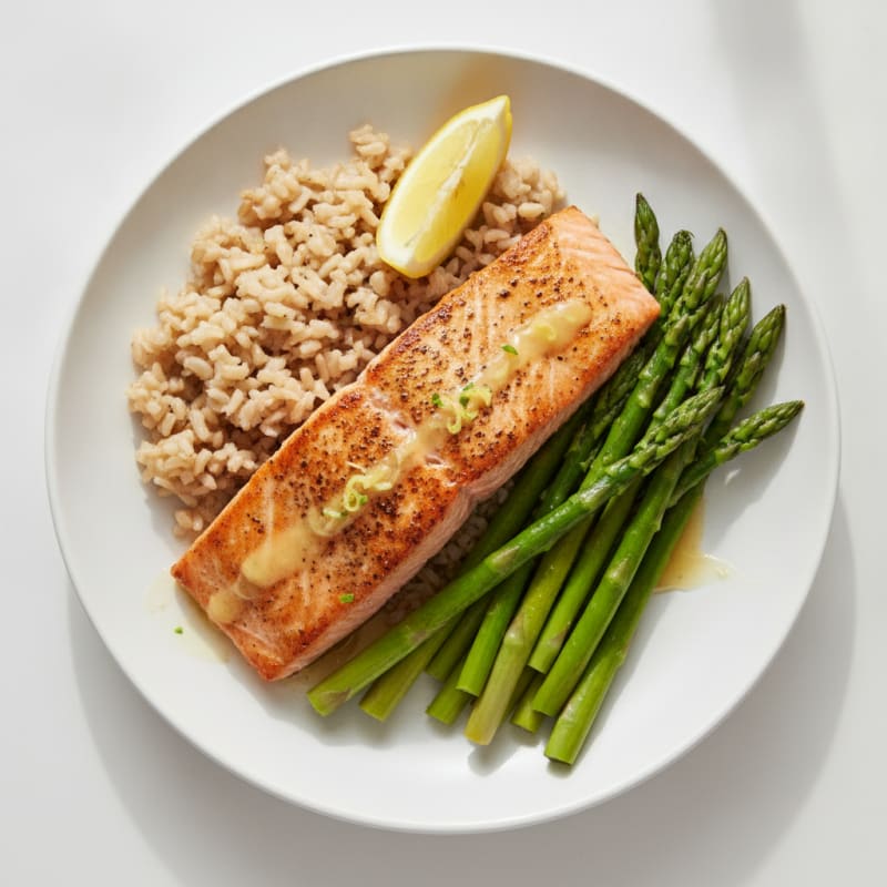 Seared Salmon with Steamed Asparagus and Brown Rice