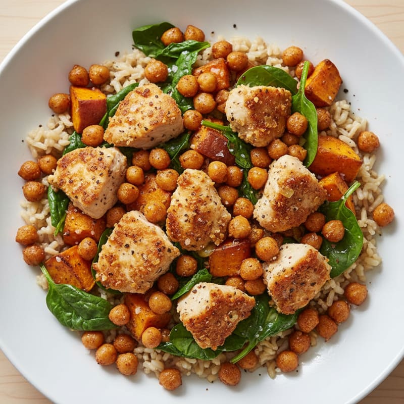 Roasted Chickpea Sweet Potato Rice Bowl