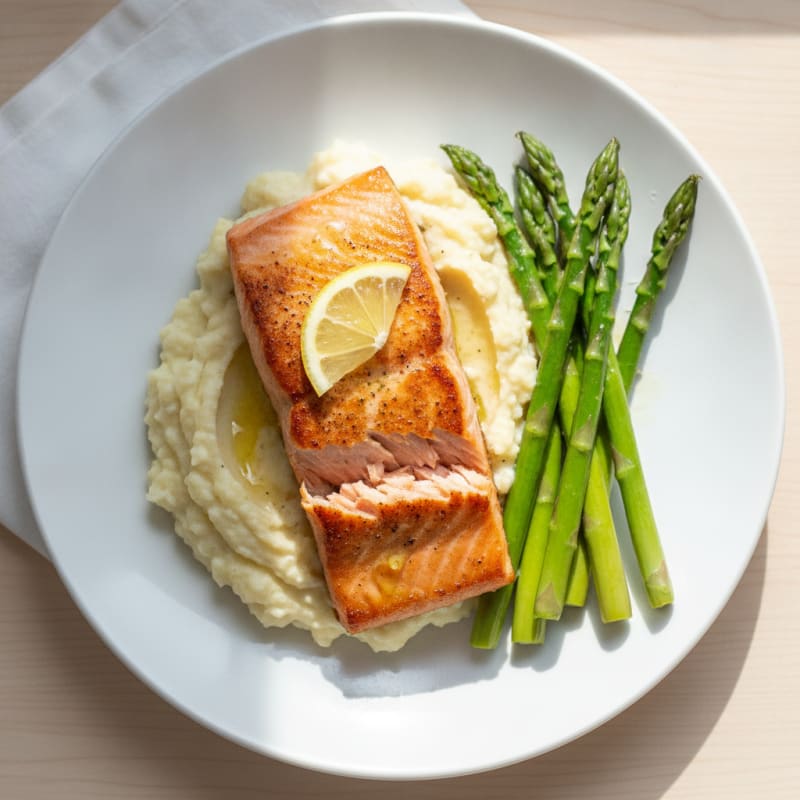 Seared Salmon Fillet with Steamed Asparagus and Cauliflower Mash