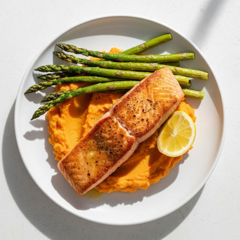 Seared Salmon with Roasted Asparagus and Sweet Potato Mash