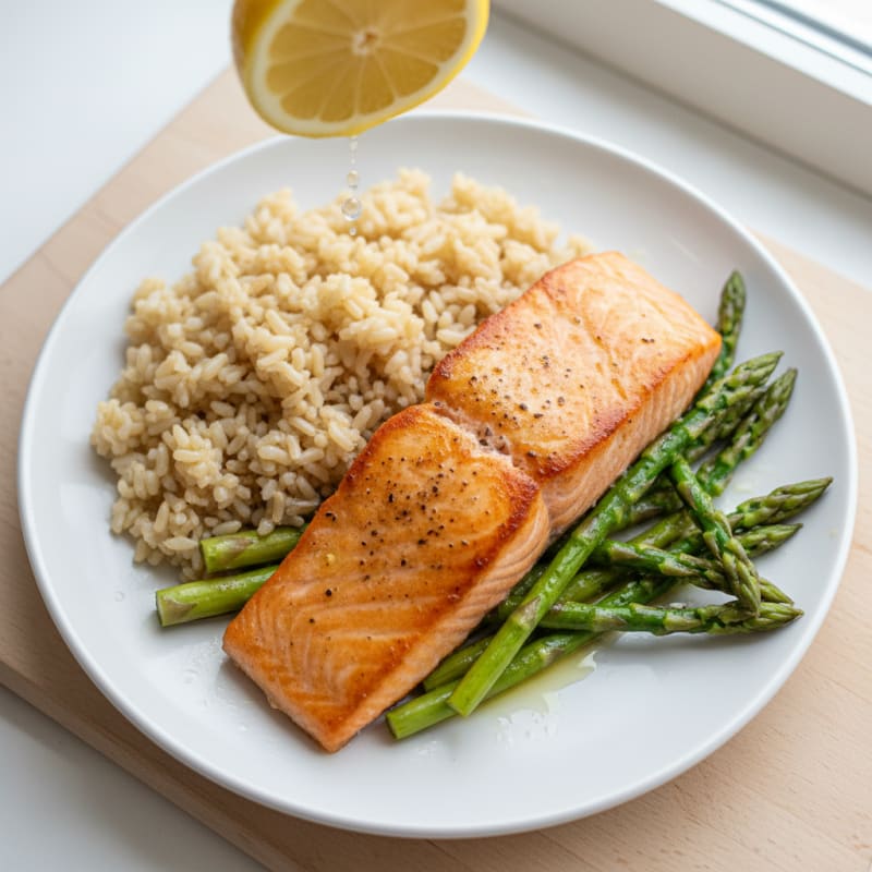 Seared Salmon with Steamed Asparagus and Brown Rice