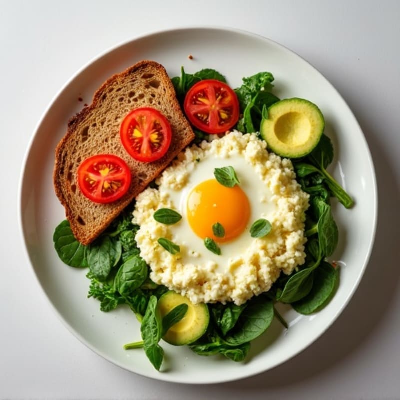 Egg White and Cottage Cheese Scramble with Spinach, Cherry Tomatoes, Avocado & Whole Grain Toast