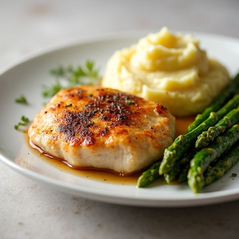 Pan-Seared Chicken with Buttery Garlic Mashed Potatoes and Roasted Asparagus