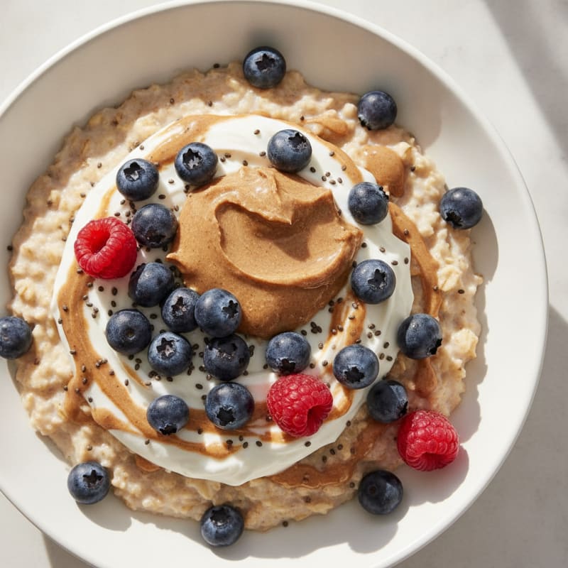 Creamy Oats with Greek Yogurt, Almond Butter, and Fresh Berries