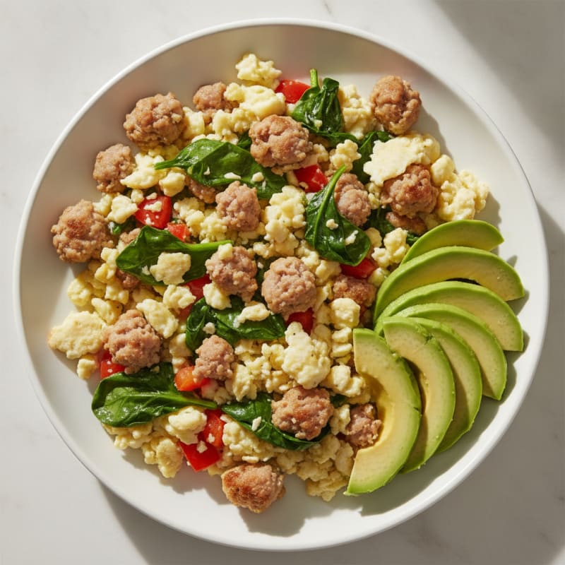 Egg White Veggie Scramble with Turkey Sausage and Fresh Spinach