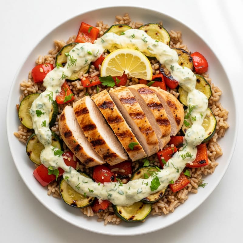 Grilled Chicken and Veggie Rice Bowl with Lemon-Herb Dressing