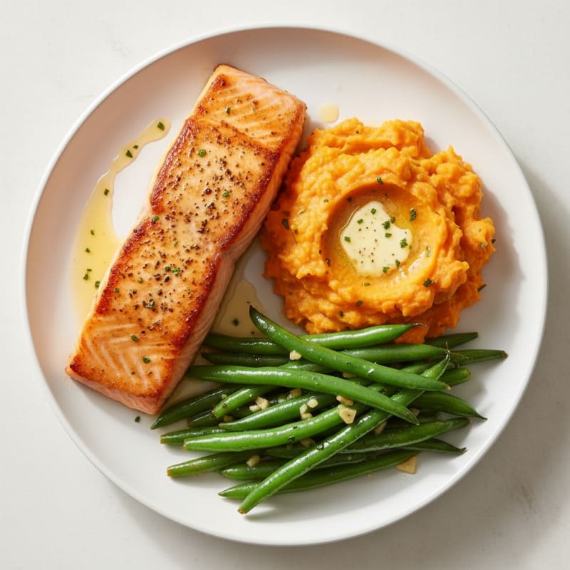 Pan-Seared Salmon with Garlic Green Beans and Sweet Potato Mash