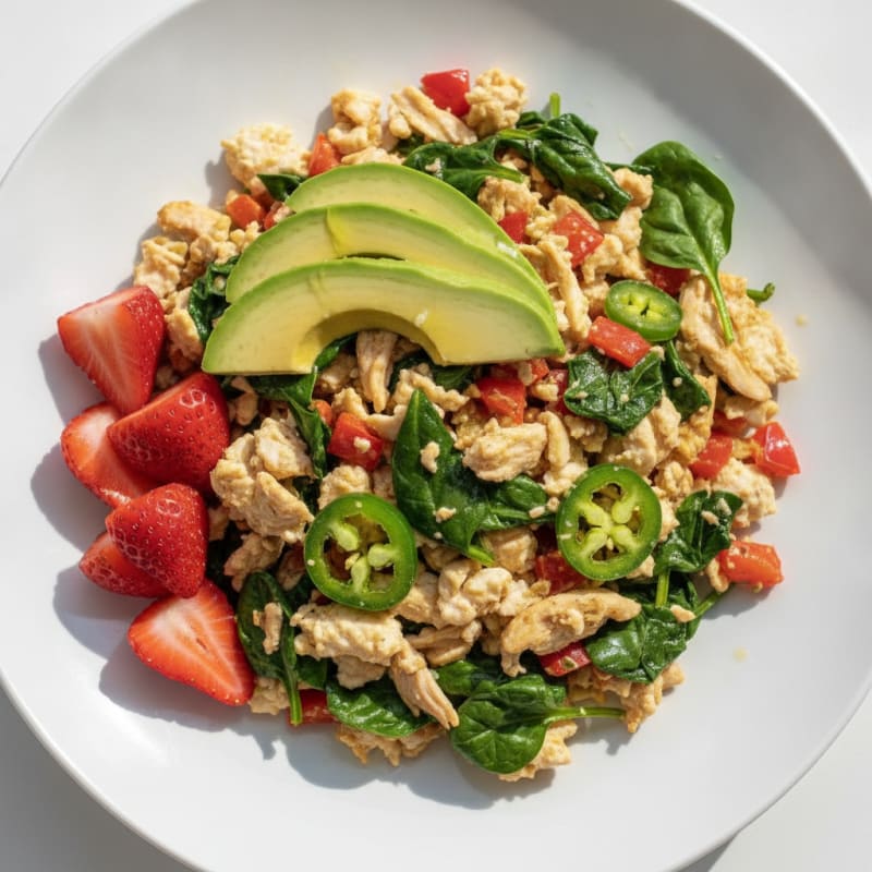 Spicy Chicken Egg White Scramble with Spinach and Bell Peppers