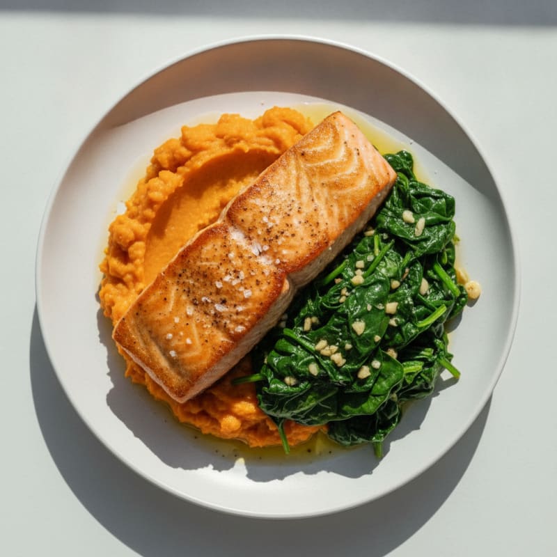 Seared Salmon with Garlic Spinach and Sweet Potato Mash