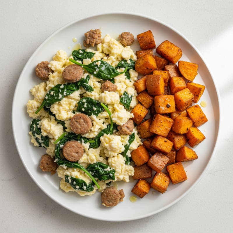 Egg White and Turkey Sausage Scramble with Spinach and Roasted Sweet Potatoes