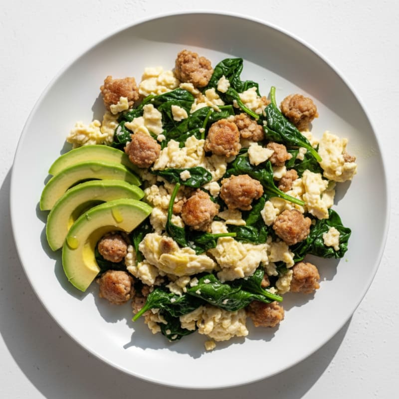 Egg White Spinach Scramble with Turkey Sausage