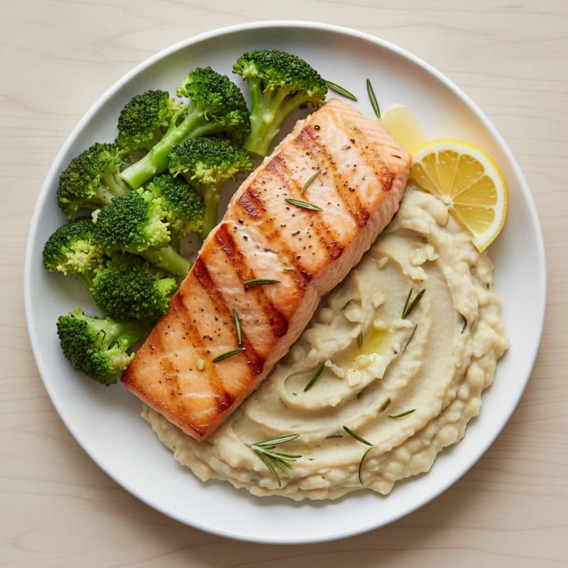 Grilled Salmon Fillet with Steamed Broccoli and White Bean Mash
