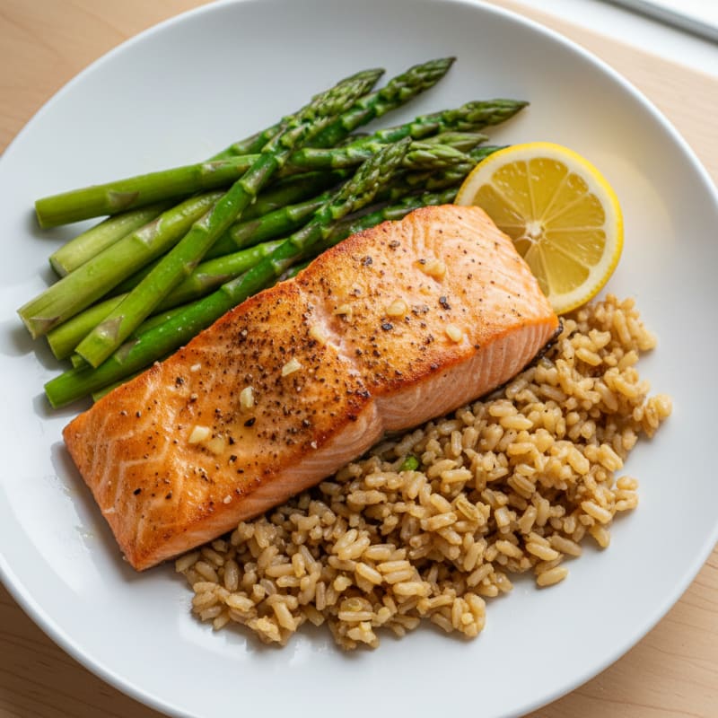 Seared Salmon Fillet with Steamed Asparagus and Garlic Brown Rice