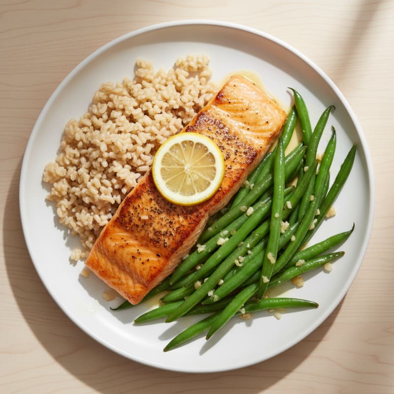 Seared Salmon with Garlic Green Beans and Brown Rice