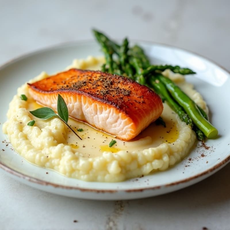 Seared Salmon with Roasted Asparagus and Cauliflower Mash