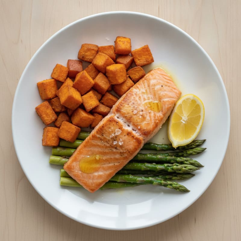 Seared Salmon Fillet with Roasted Sweet Potatoes and Asparagus