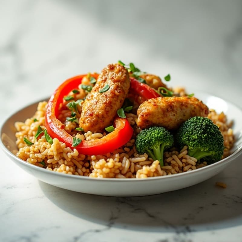 Crispy Garlic Ginger Chicken Brown Rice Stir-Fry