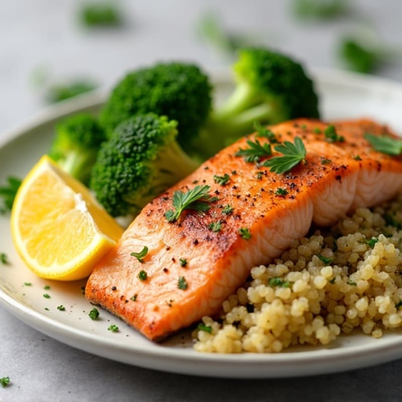 Seared Salmon with Lemon Herb Quinoa and Steamed Broccoli