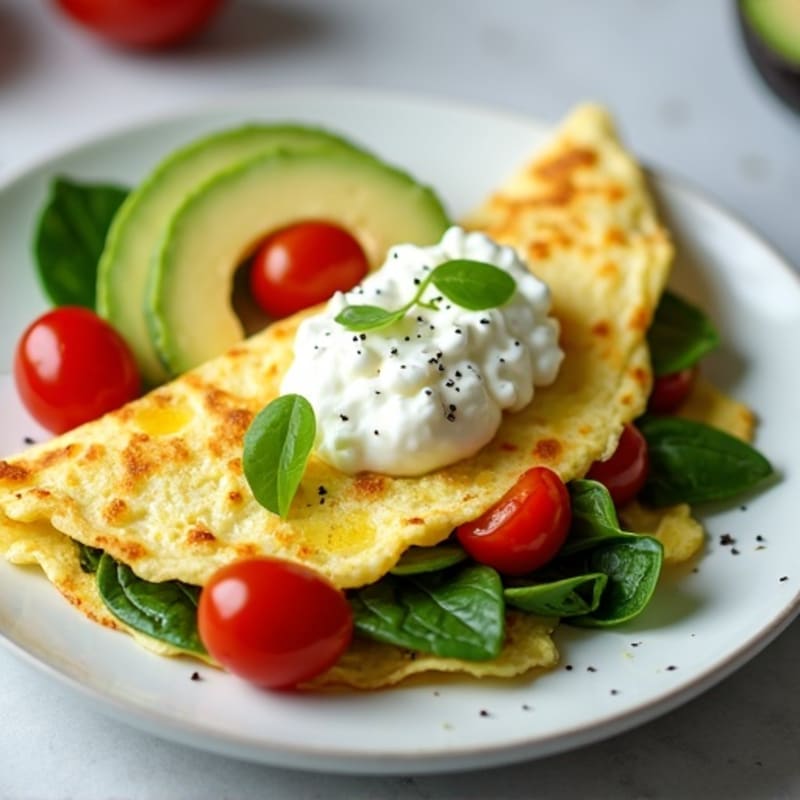 Egg White Spinach Omelette with Cottage Cheese, Cherry Tomatoes, and Avocado