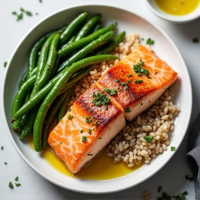 Seared Salmon with Garlic Green Beans and Brown Rice