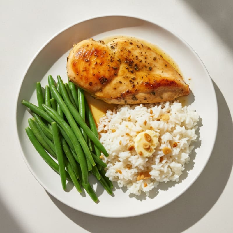 Herb-Roasted Chicken Breast with Garlic Rice and Steamed Green Beans